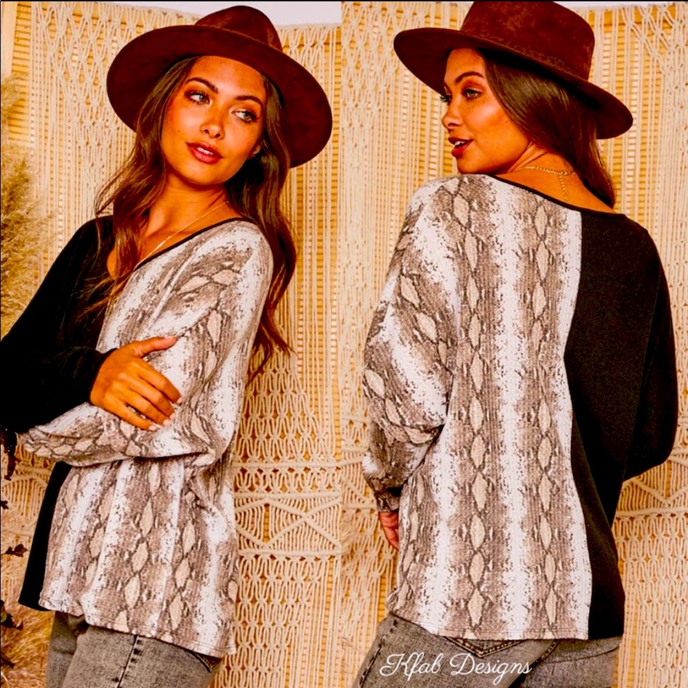 Soft🤎Sexy b-neck top; 1/2 animal print+ 1/2 gray!